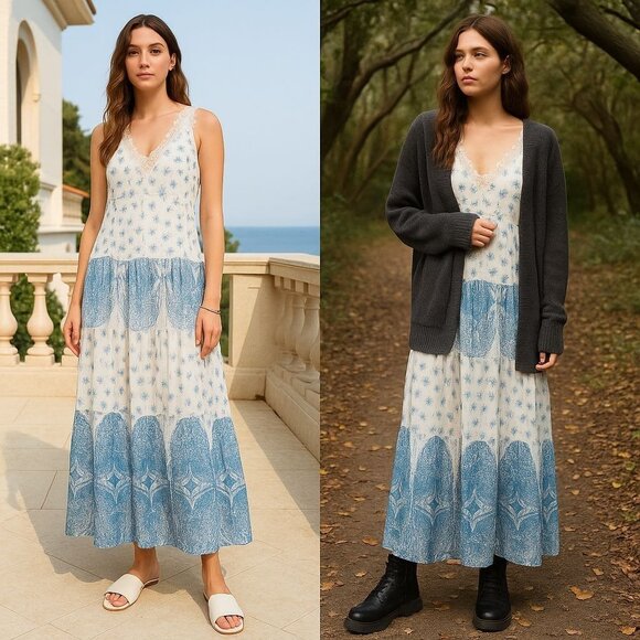 Johnny Was 4 Love & Liberty Silk Maxi Med Dress Boho Quiet Luxury Fairy Layered - Picture 2 of 13